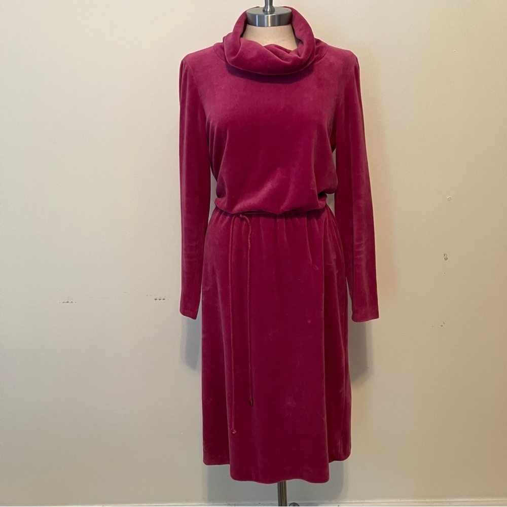 VTG  Women’s Midi Pink Velour Dress Funnel Neck Patty O’Neil-Union Made